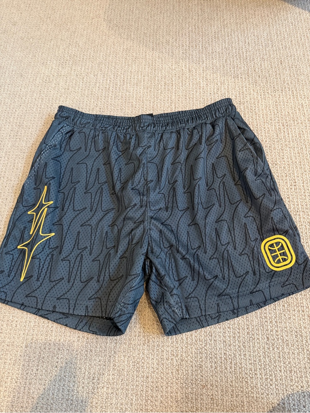 Men's Grey Athletic Shorts with Yellow and Black Detailing